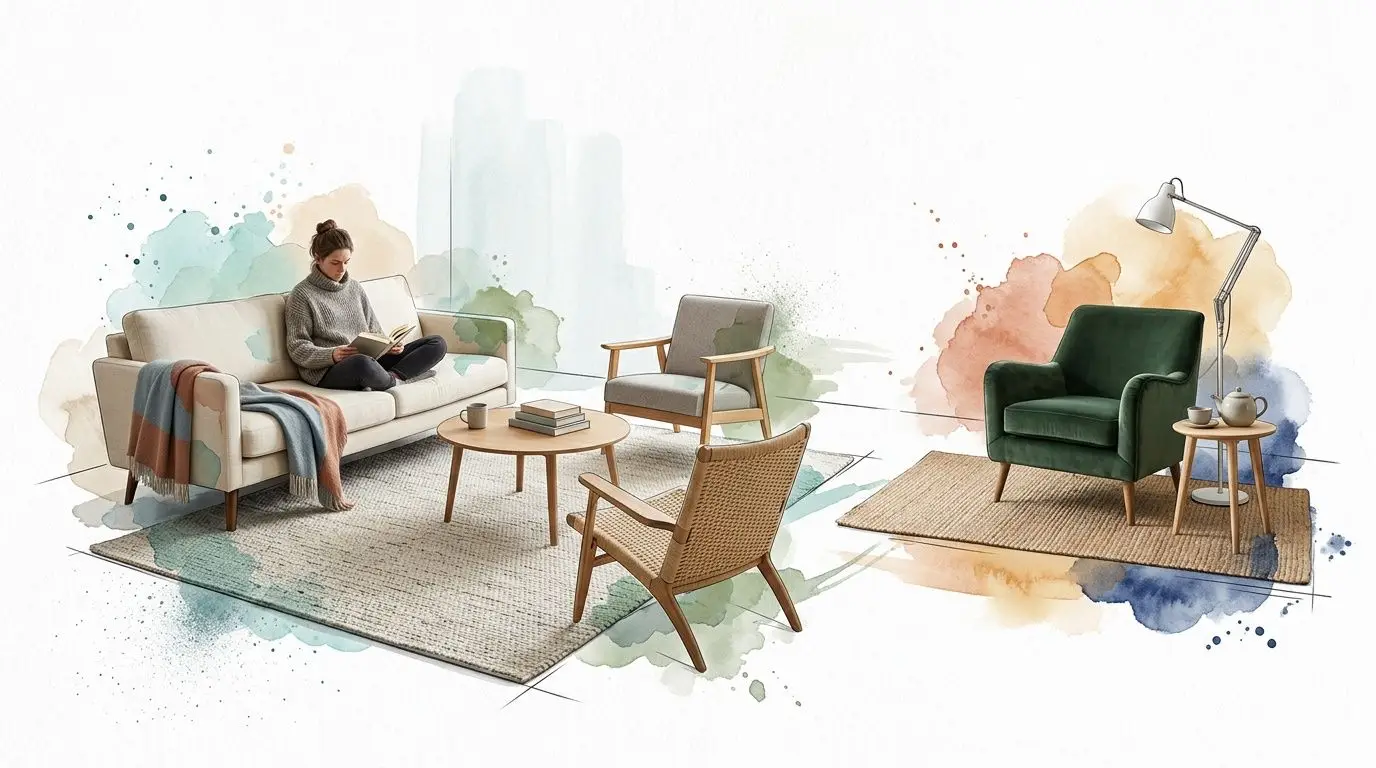 A woman reading a book on a beige sofa in a stylish living room with watercolors