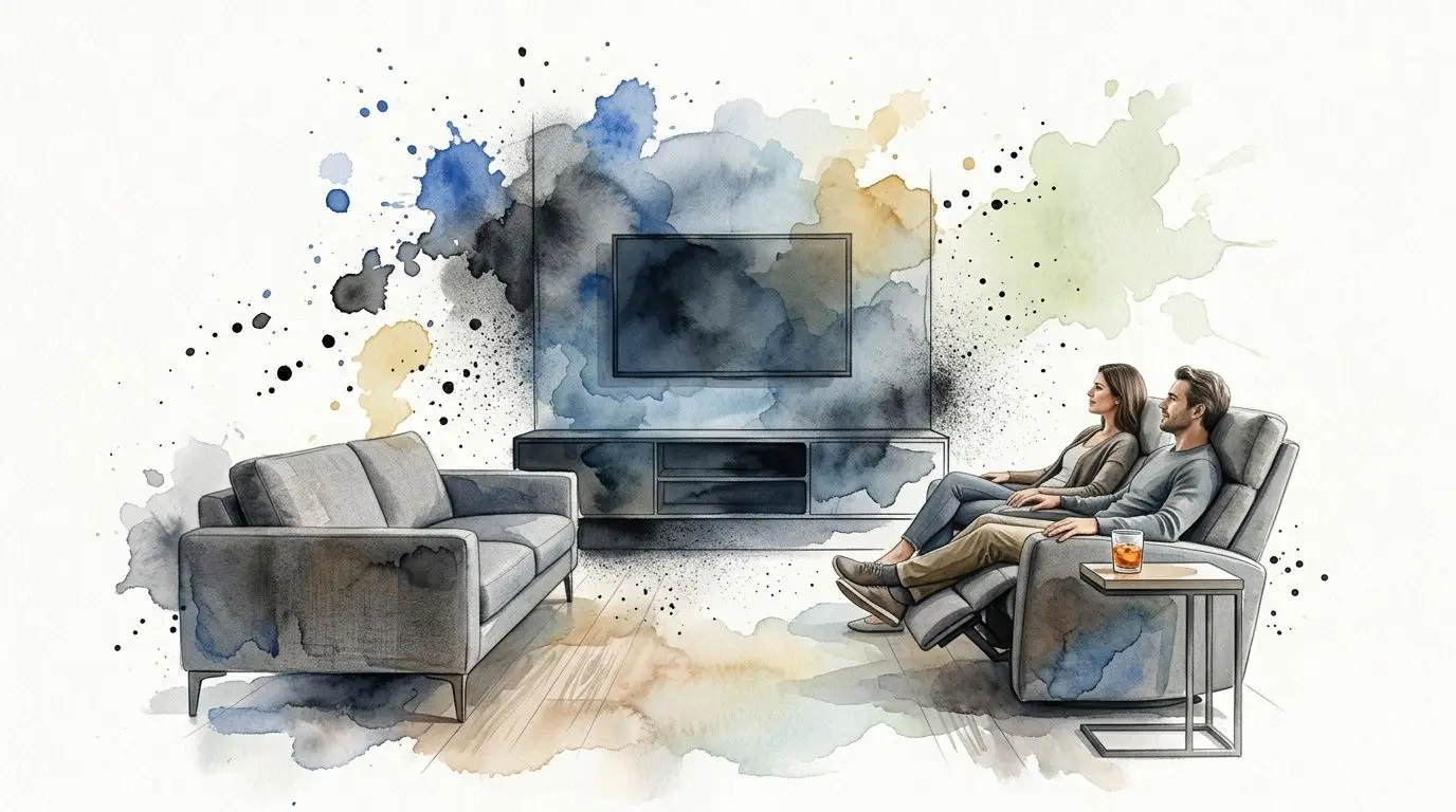 A couple relaxing in a modern living room featuring a sofa, recliner, and wall-mounted television watercolor illustration.