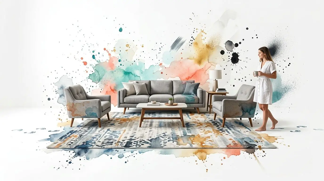 A modern living room set featuring a sofa and armchairs against a colorful watercolor wall design.