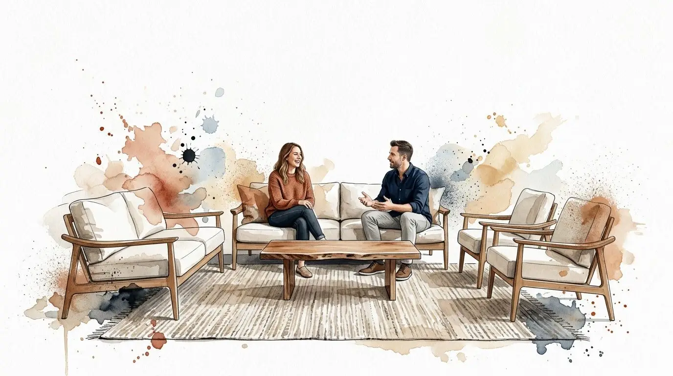 A couple sitting on a sofa in a modern, watercolor-style living room furniture arrangement.