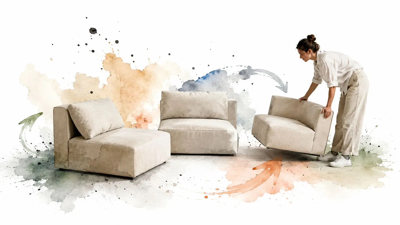 A woman rearranging modular beige sofa pieces in a room with abstract watercolor art backgrounds.