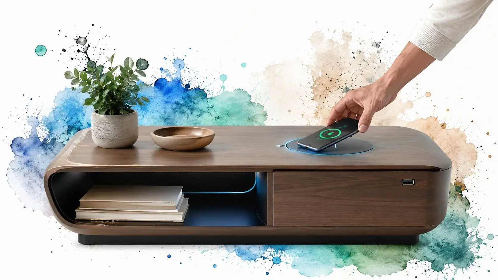 A modern walnut coffee table with a wireless charging pad, a houseplant, and a hand placing a smartphone.