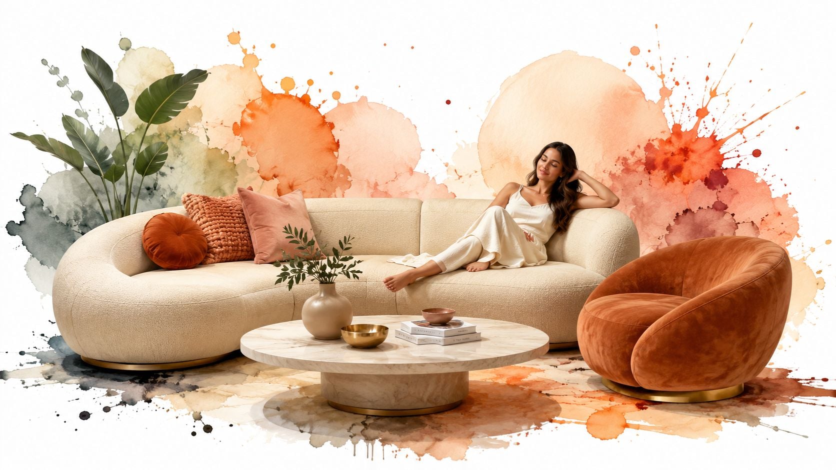 A woman reclining on a stylish curved cream sofa in a bright modern living room with watercolor art.