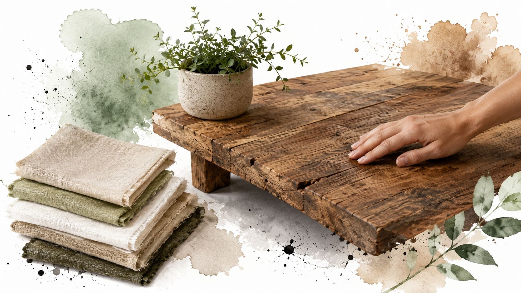 A rustic wooden table surface with a small potted plant and a stack of textured fabric napkins.
