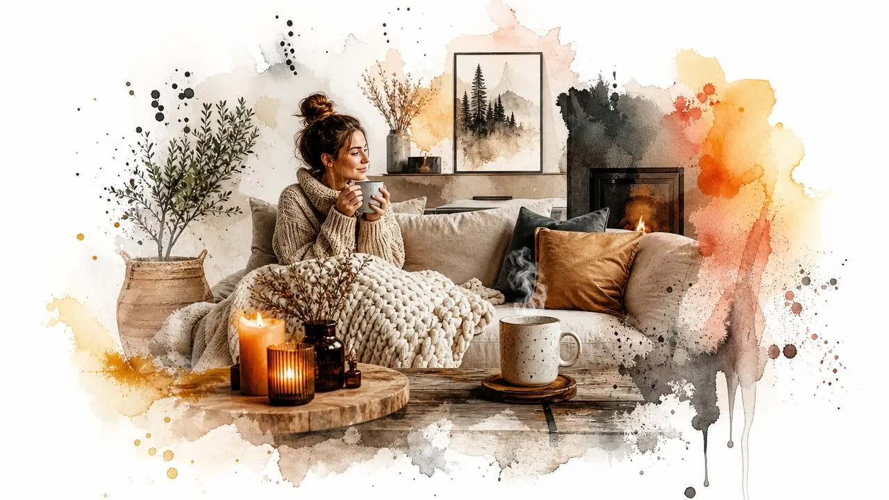 A woman wrapped in a chunky knit blanket enjoys a warm beverage in a cozy Scandinavian living room.