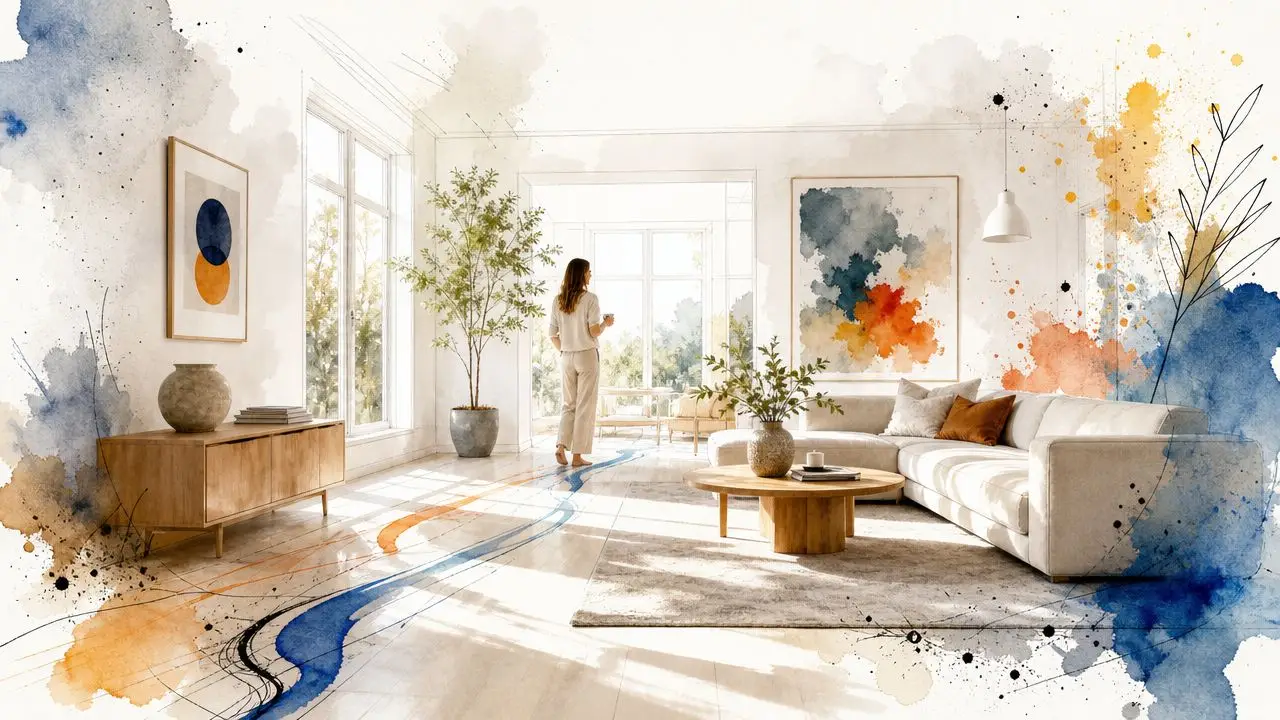 A woman stands in a bright Scandinavian living room featuring modern furniture, potted plants, and artistic watercolor splashes.