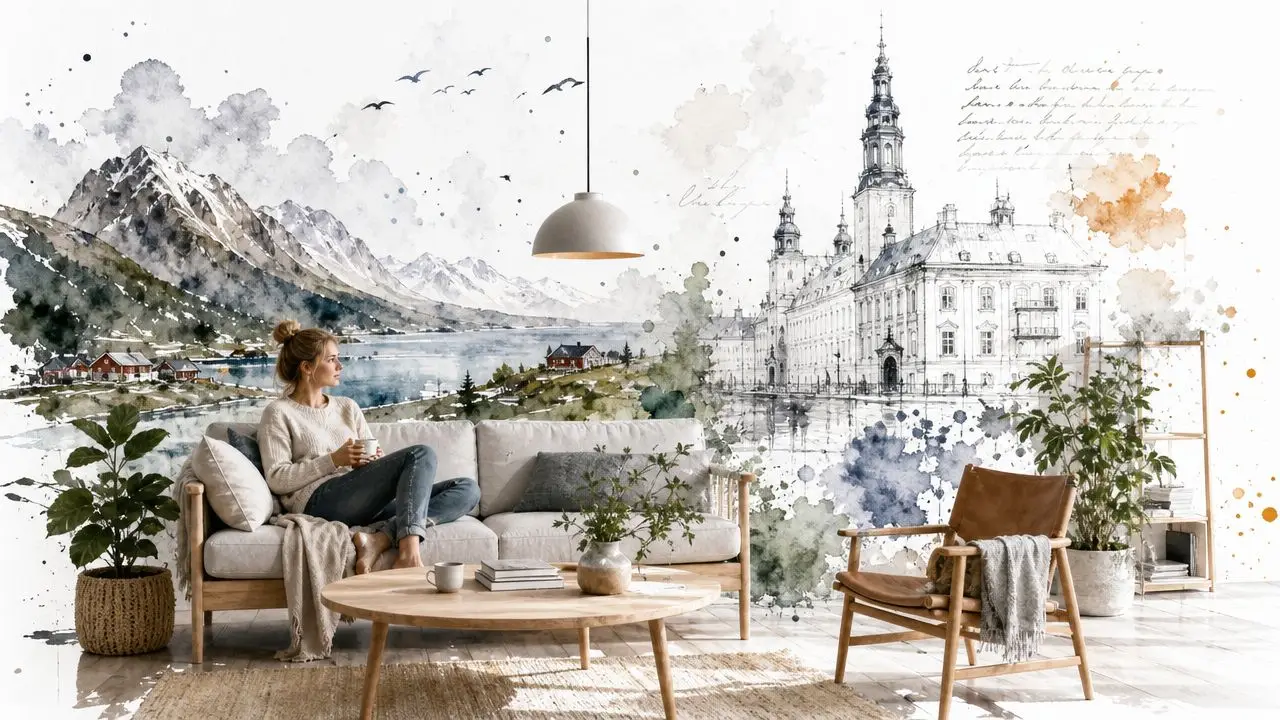 A woman sits on a beige sofa in a cozy living room with a large watercolor mural background.