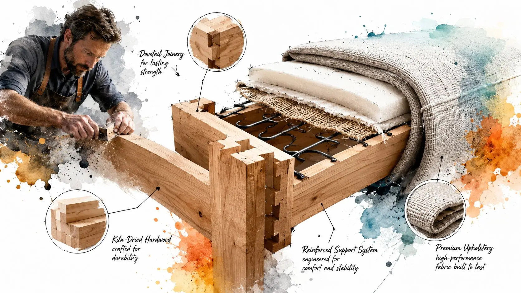 A craftsman working on high-quality long lasting furniture featuring dovetail joinery, kiln-dried hardwood, and premium upholstery materials.
