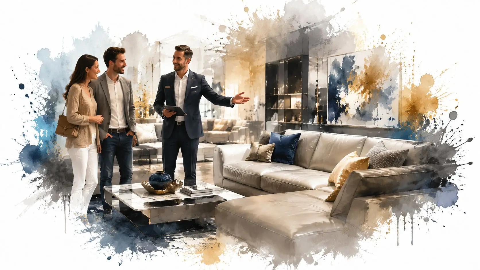 A professional furniture salesman showing a high-quality leather sofa to a young couple in a showroom.