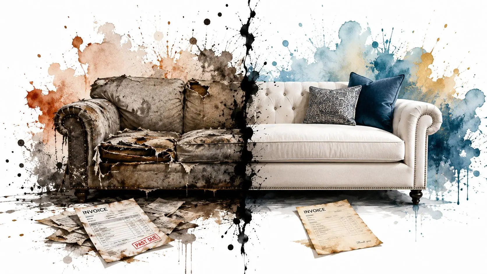 A split image showing a torn, dirty couch with past due invoices versus a clean, new upholstered sofa.