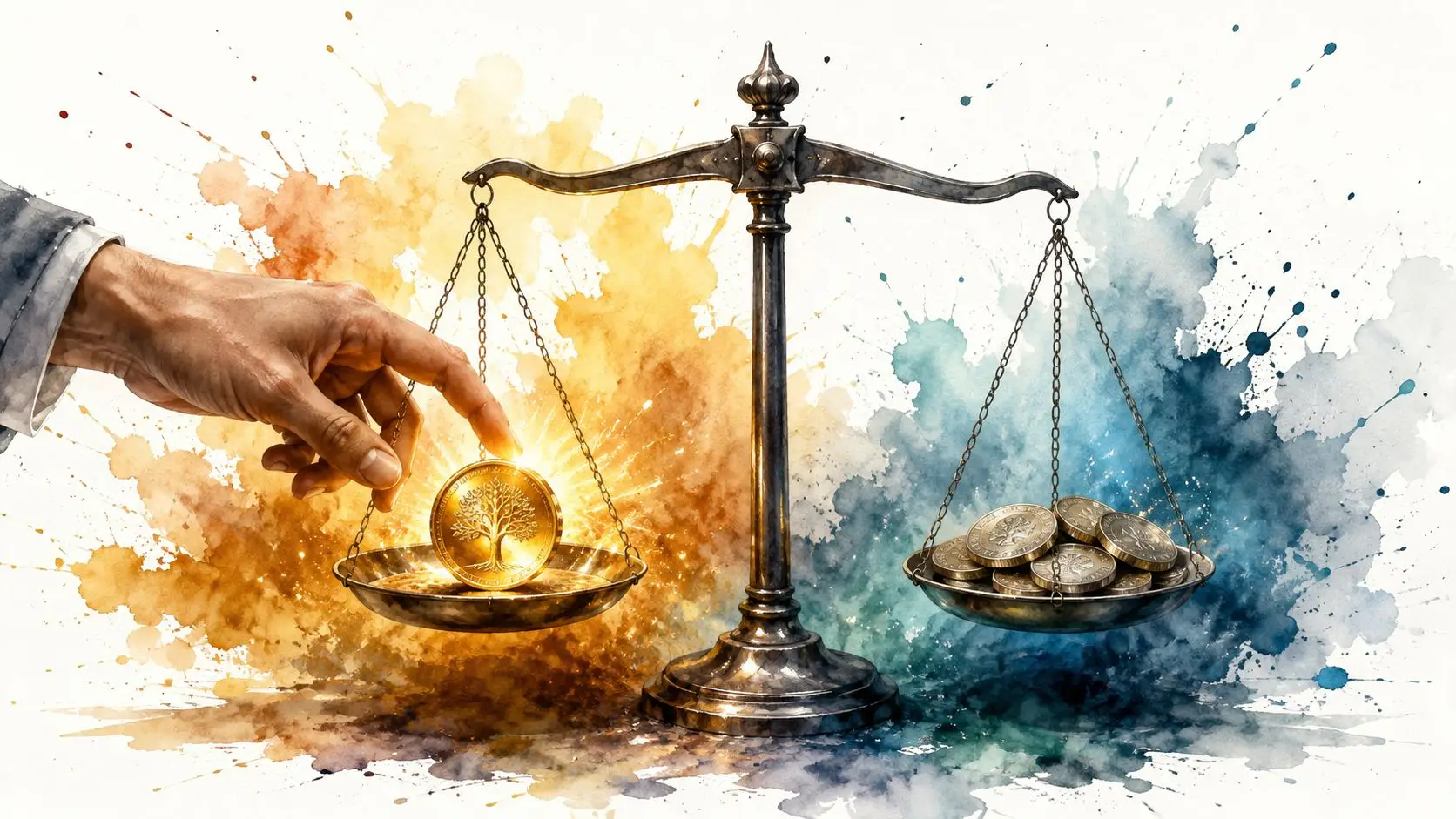 A hand placing a golden coin with a tree design onto a balance scale with other coins.