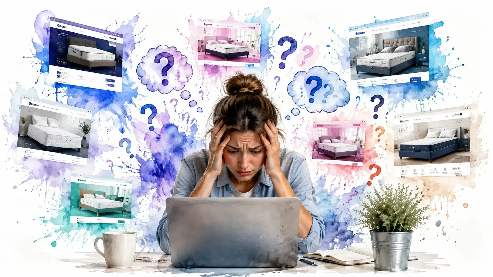 A woman looks stressed while researching various mattress options online on her laptop at a desk.