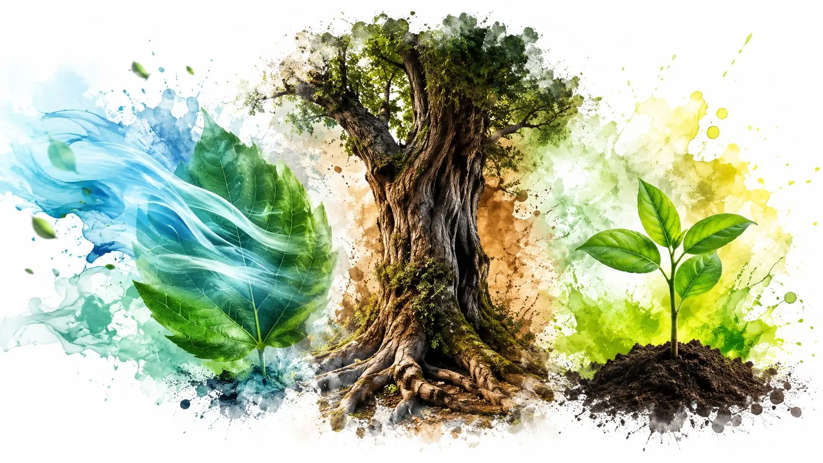 A artistic watercolor illustration showing a vibrant green leaf, an aged tree, and a small seedling.