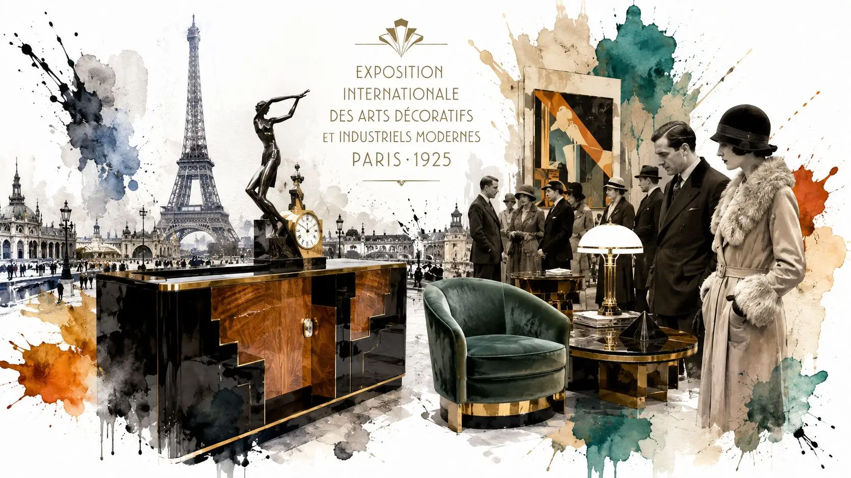 An artistic montage featuring Art Deco furniture and period-dressed visitors against a backdrop of 1925 Paris.
