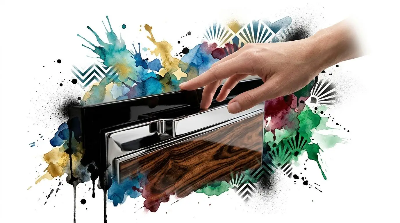 A hand touches an elegant Art Deco style handle on a piece of luxurious wood grained furniture.