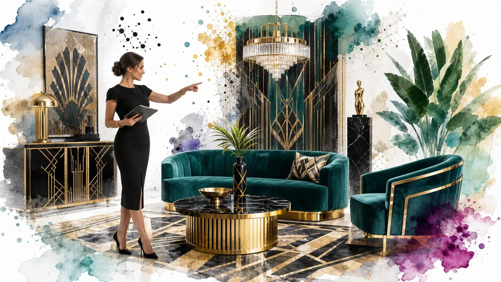 A professional interior designer showcasing luxury modern Art Deco furniture featuring velvet sofas and golden accents.