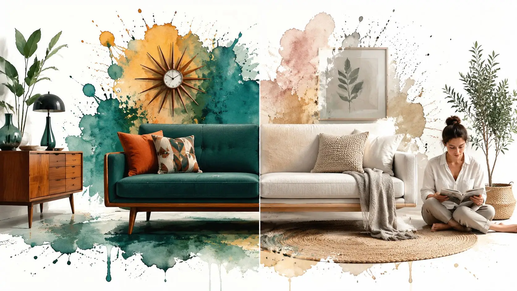 A split-screen view contrasting a dark green mid-century sofa with a neutral minimalist couch and reader.