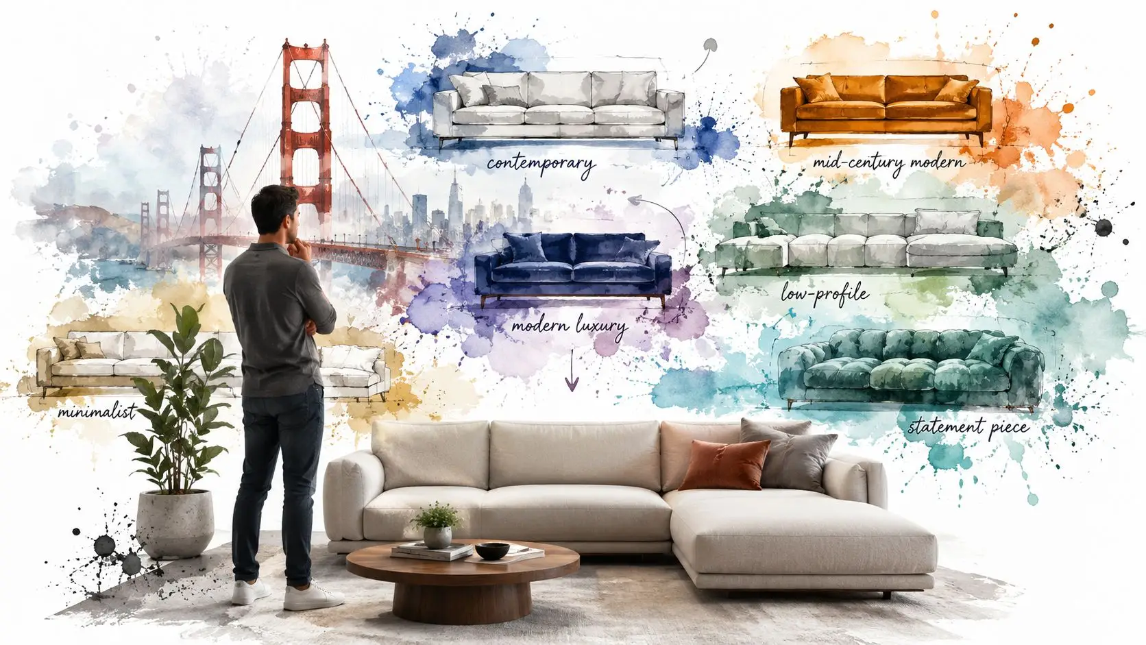 A man contemplates various modern sofa designs arranged against a scenic San Francisco background with watercolor accents.