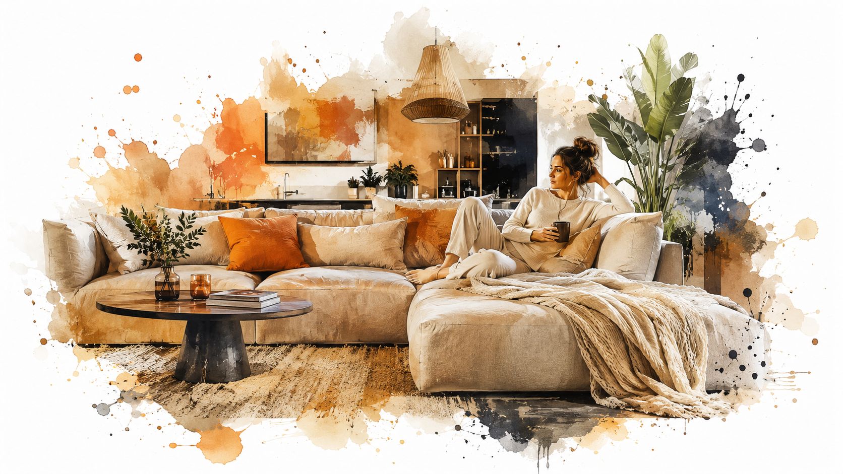 A woman relaxes on a plush beige sectional sofa in a modern living room filled with plants.