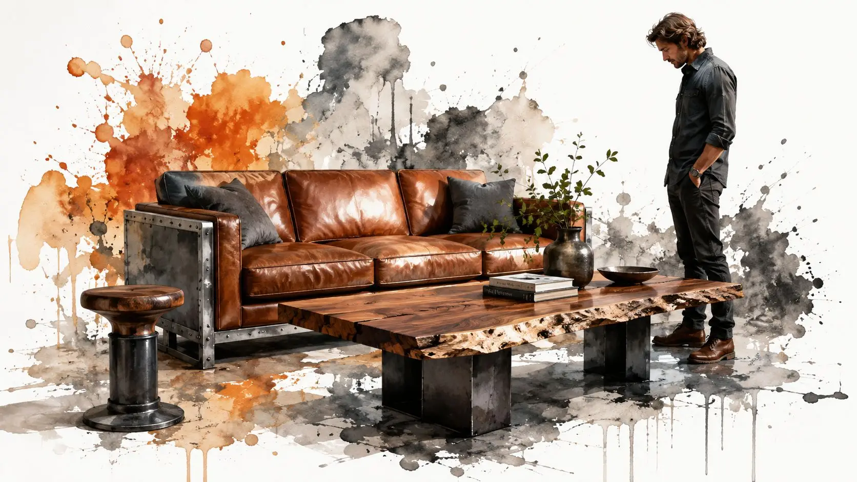 A stylish man stands in a living room featuring a leather sofa, live-edge wood table, and artistic watercolor backdrop.