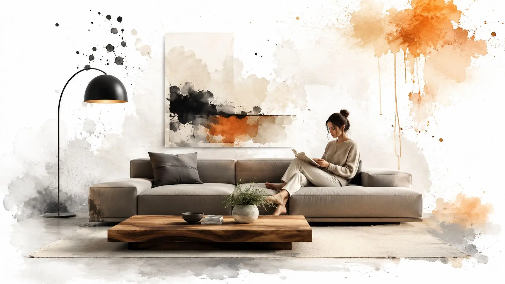 A woman reading a book on a beige sofa in a modern room with artistic watercolor wall decor.