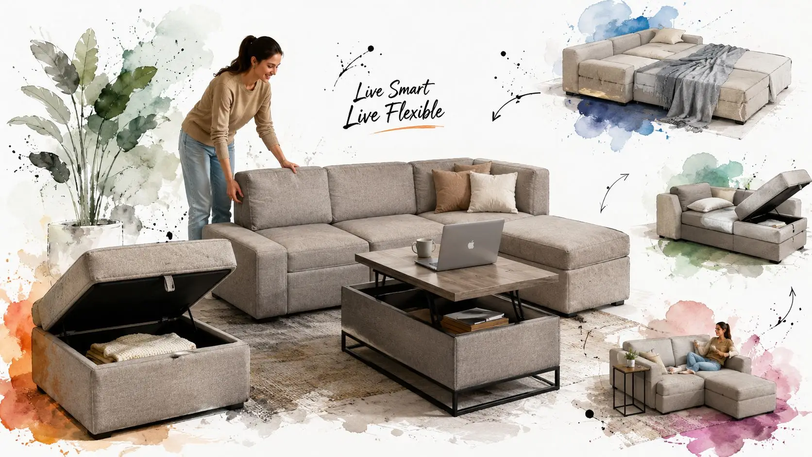 A woman arranging a modern sectional sofa with storage ottoman and a versatile lift-top coffee table.