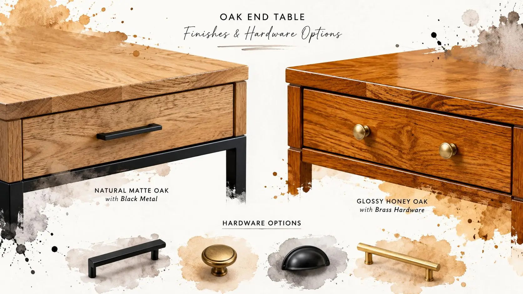 Two oak end tables with different finishes and a variety of cabinet hardware options on display.