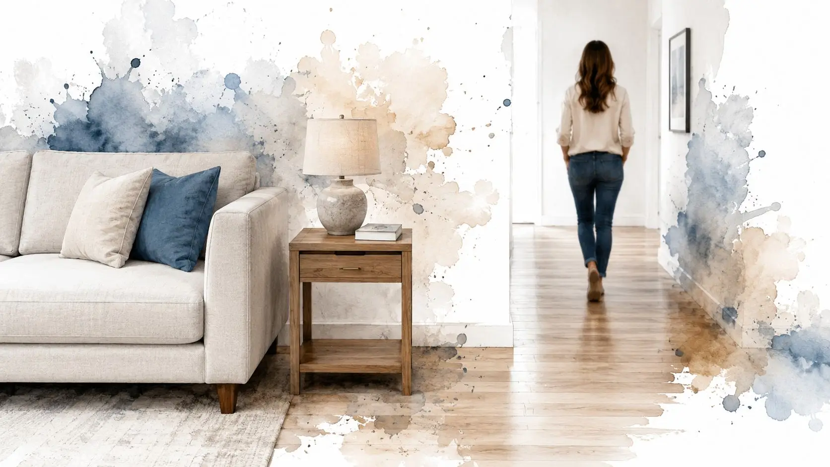 A modern living room featuring an oak end table next to a sofa with a watercolor wall art.