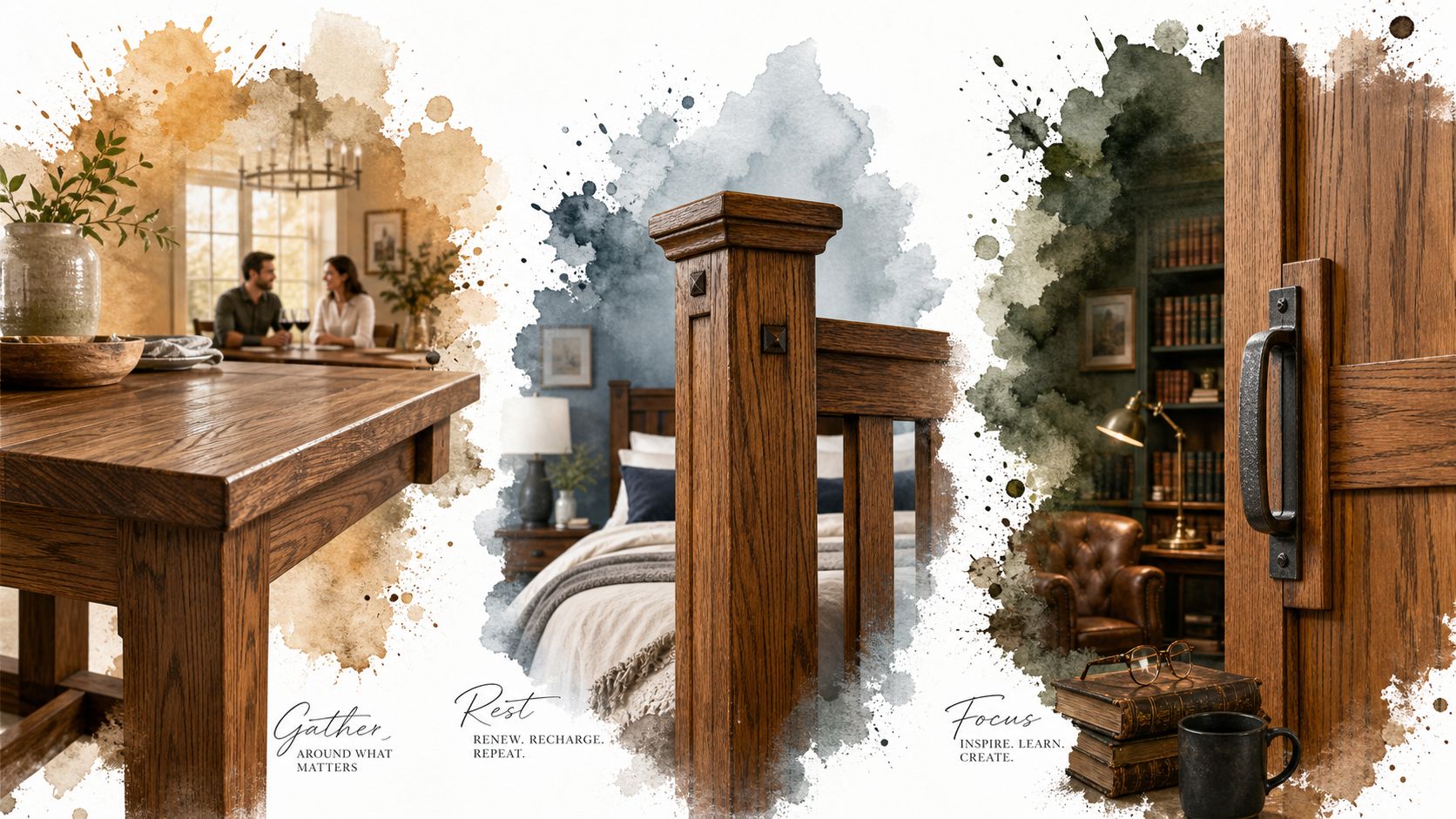 A triptych showing oak furniture in a dining room, bedroom, and study with watercolor artistic effects.