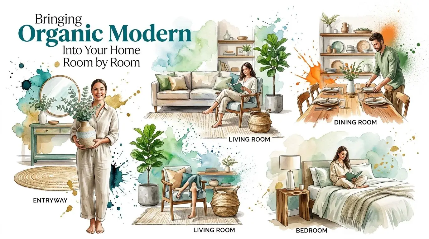 A watercolor-style illustration showcasing various room interiors styled with organic modern furniture and natural decor elements.
