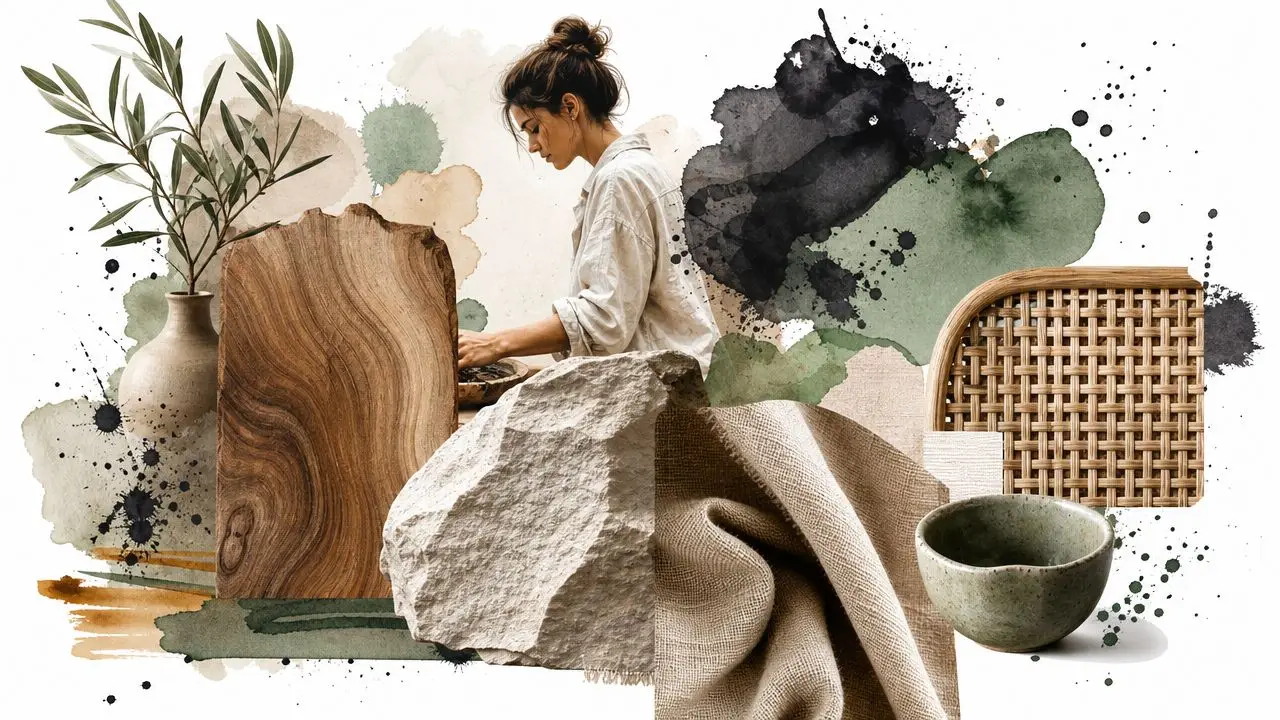 A mood board featuring a woman, natural stone, textured linen, wood, cane webbing, and earth-toned watercolor accents.