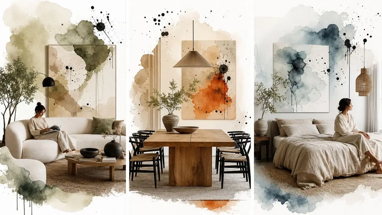 A triptych of organic modern rooms featuring abstract watercolor art, neutral furniture, and natural decor elements.