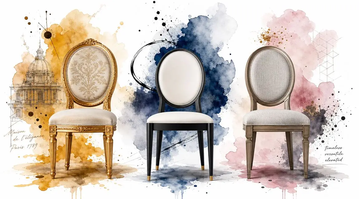 Three elegant oval-back dining chairs displayed against vibrant watercolor splashes of yellow, blue, and pink.