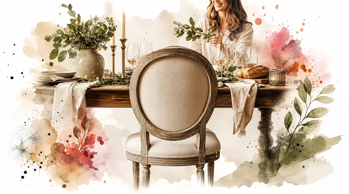 A woman sits at a wooden dining table set for a dinner party with an elegant oval back chair.