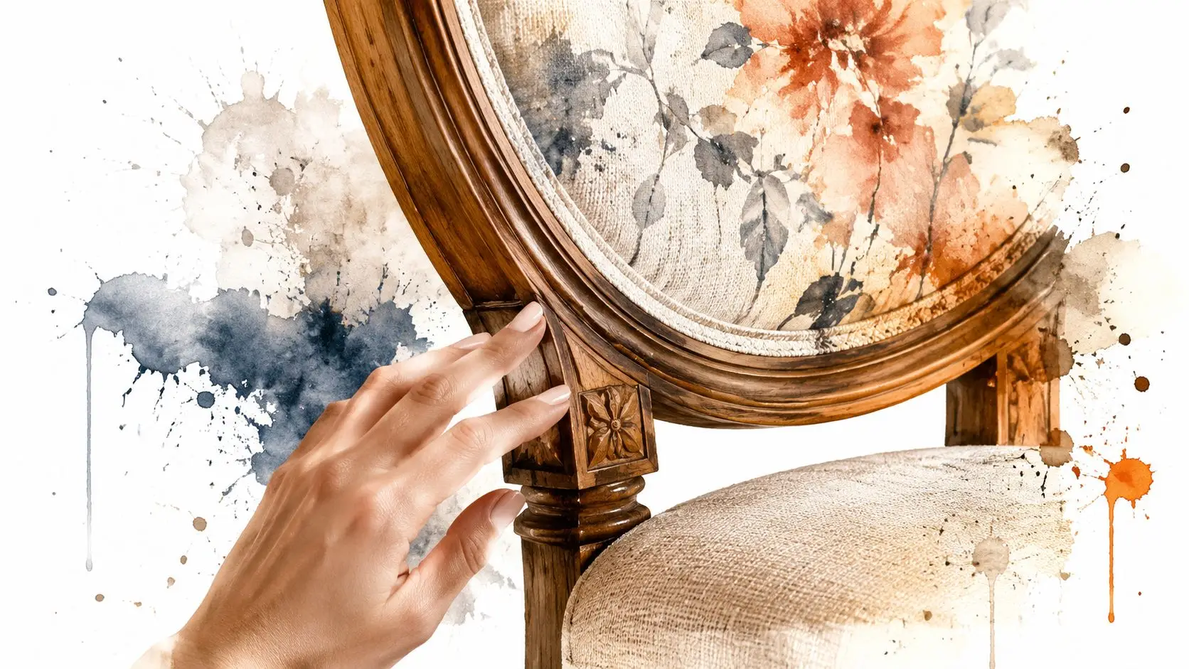 A hand touches the elegant wooden frame of an oval back dining chair with floral patterned upholstery.