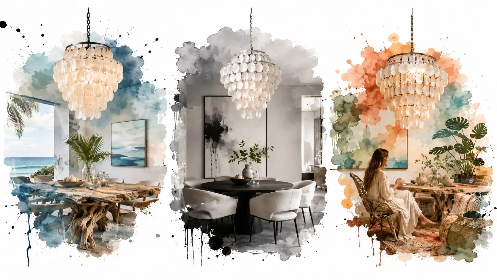 A triptych of interior dining room designs featuring decorative oyster shell chandeliers with watercolor artistic backgrounds.