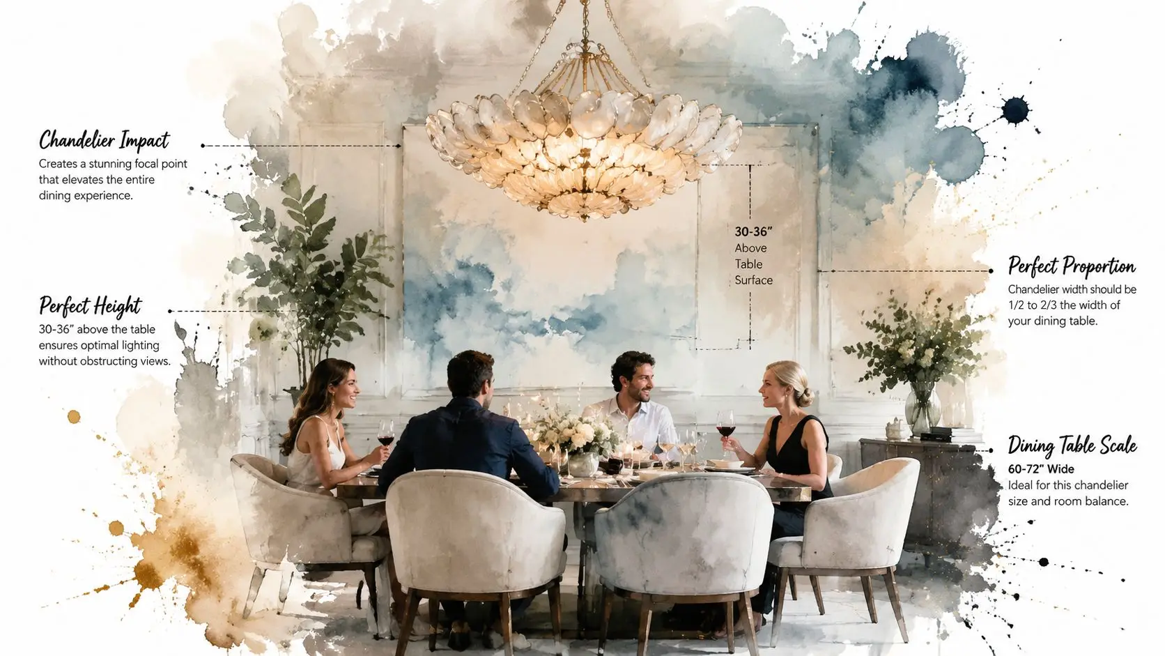 A sophisticated dining room featuring a large oyster shell chandelier above a table with four people dining.