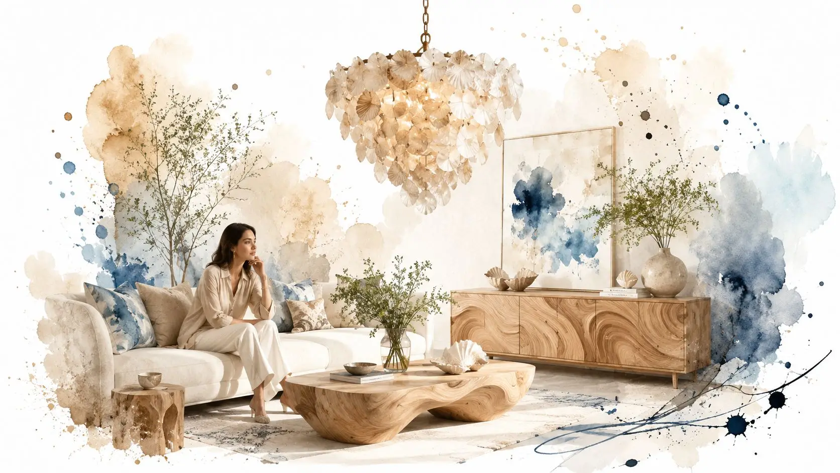 A woman sitting on a white sofa in a stylish living room with an oyster shell chandelier