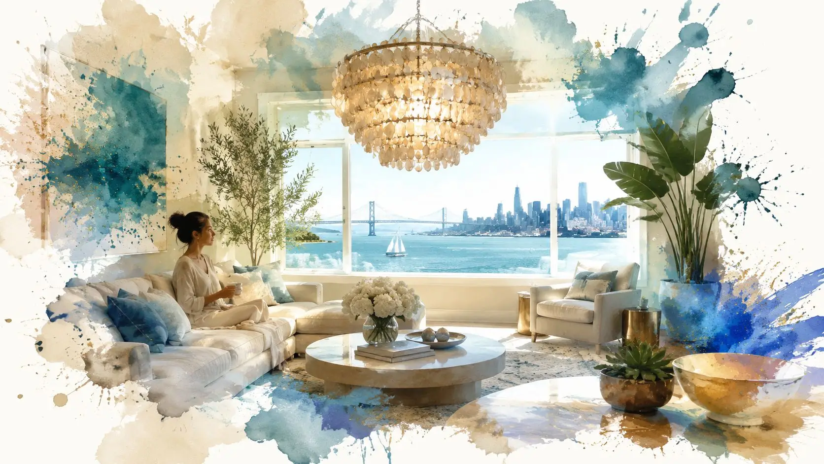 A woman sits on a sofa in a luxury living room featuring a stunning oyster shell chandelier.