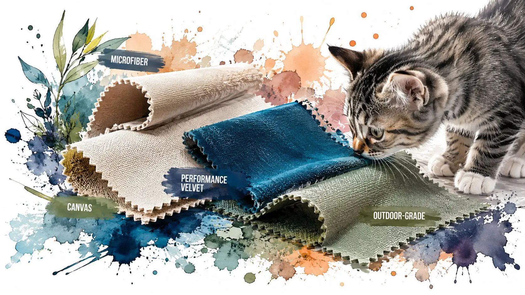 A curious kitten sniffing fabric samples including canvas, microfiber, performance velvet, and outdoor-grade materials on a watercolor background.