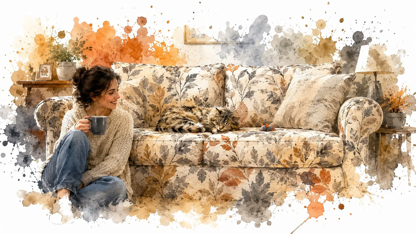 A woman with a coffee mug sits beside a sleeping cat on a floral patterned couch.