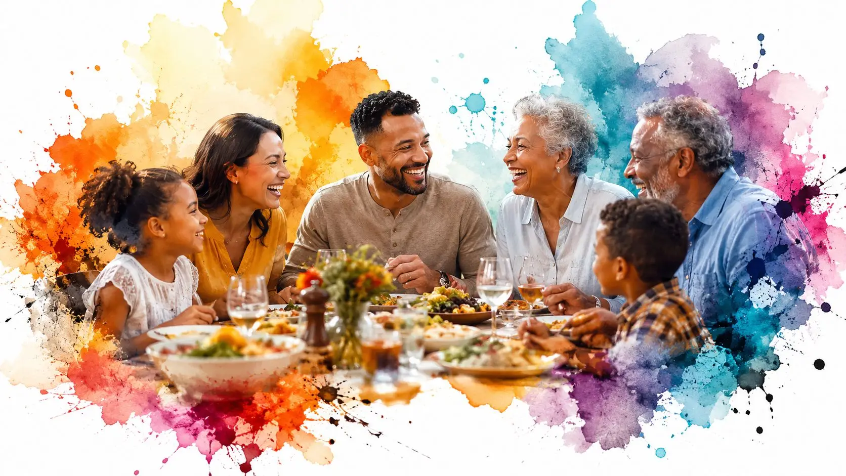 A happy multi-generational family enjoys a lively dinner conversation around a table with colorful watercolor paint splashes.