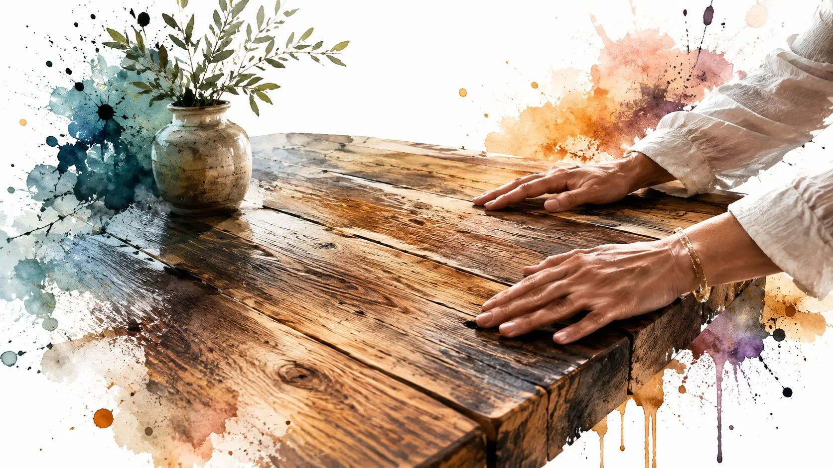 A person with elegant hands resting on a rustic reclaimed wood dining table beside a ceramic vase.