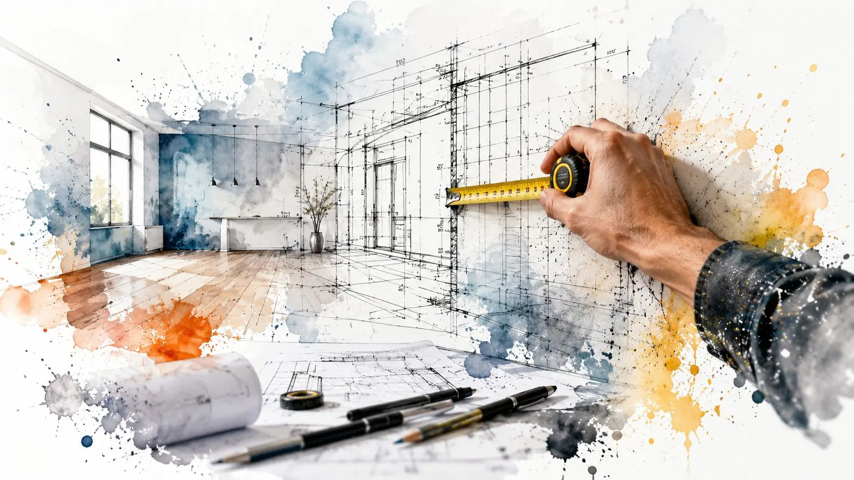 A creative architectural concept showing a hand using a tape measure against a blended interior design sketch.