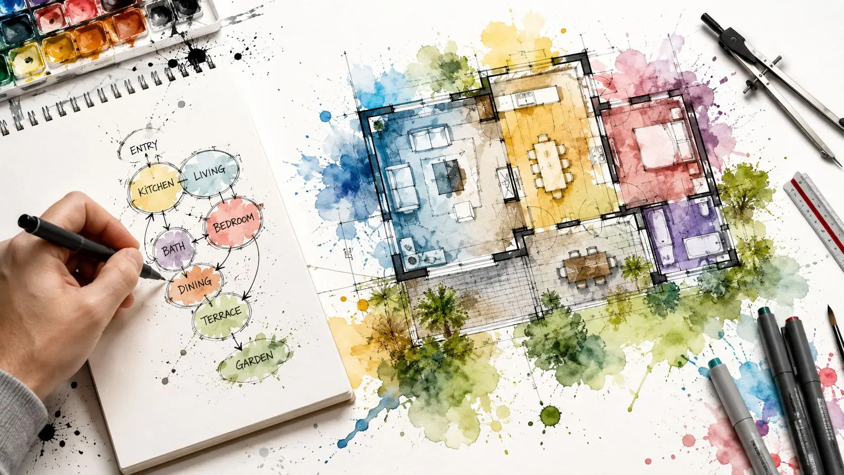A hand drawing a floor plan diagram with watercolor architectural blueprints on a white desk workspace.