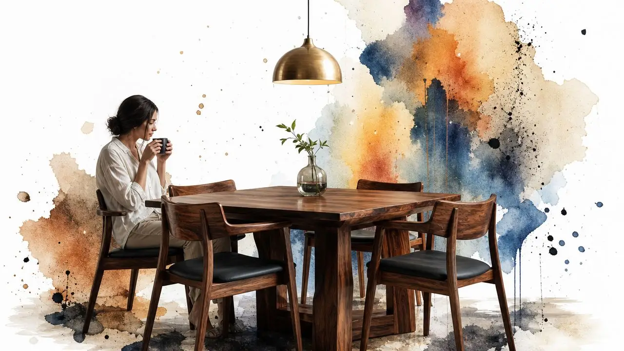 A woman sits at a wooden dining table in a room with a vibrant watercolor splash wall mural.