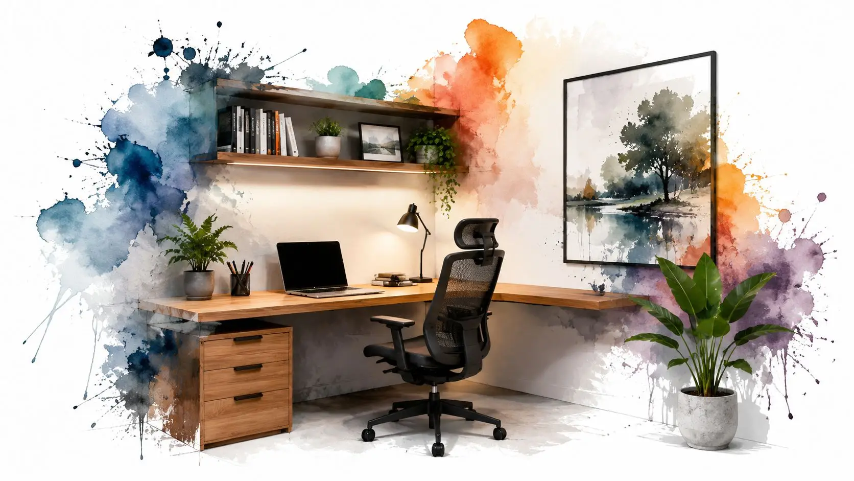 A modern home office desk with a laptop, chair, and watercolor splash wall art decor.