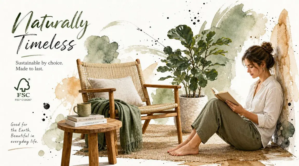 A woman sits on a rug reading a book next to a wooden chair and potted plant.