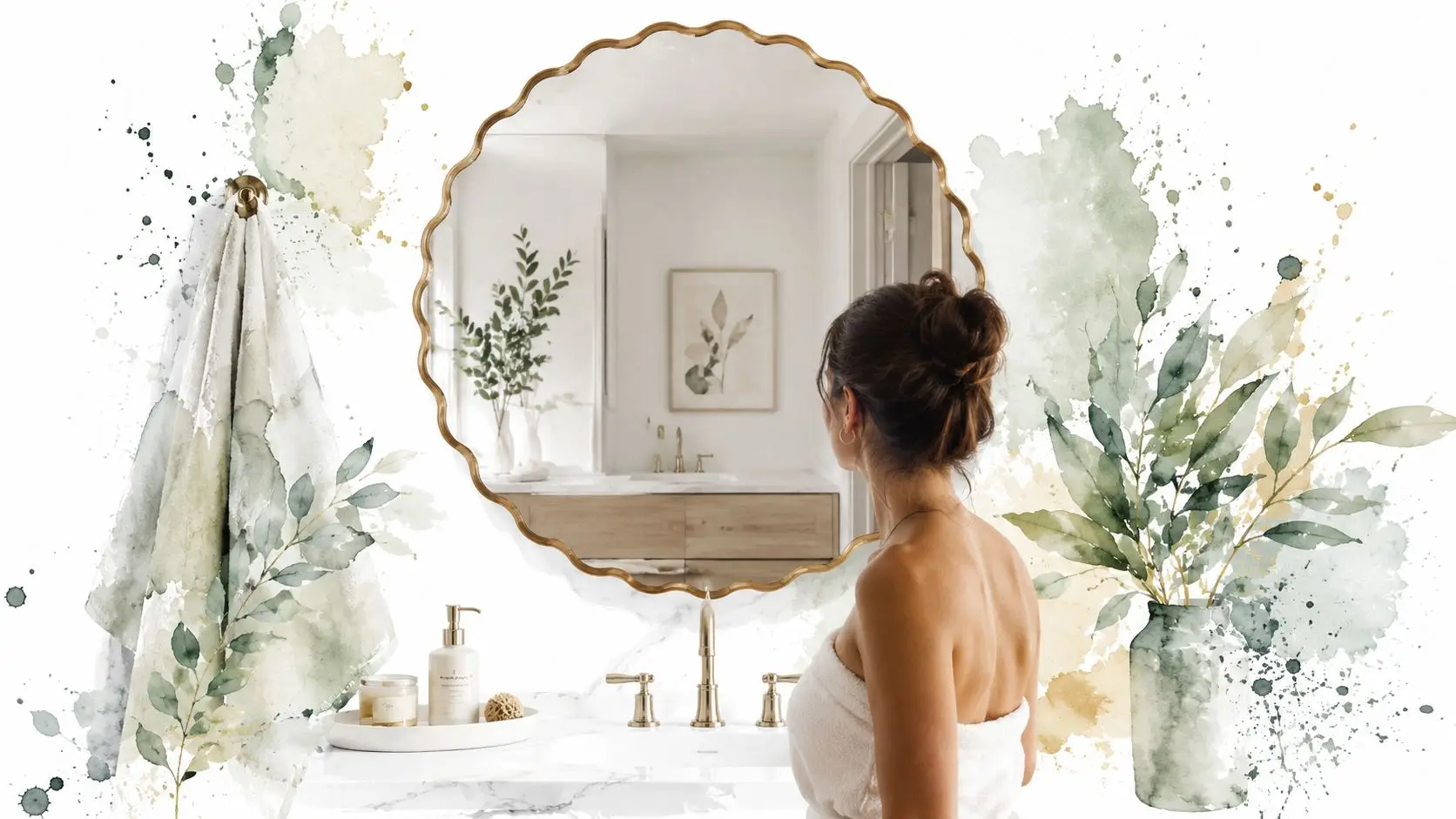 A woman stands before a round scalloped mirror in a bathroom decorated with watercolor botanical wall art.
