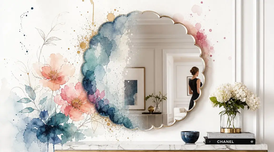 A decorative round scalloped mirror hanging on a white wall adorned with watercolor floral art and home decor.